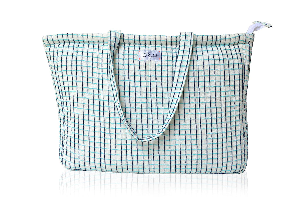 HOUSE OF ORLO Women's Cotton Quilted Aesthetic Western Tote Bags, Waffle Weave Handmade With Zipper And Double Handles For Women & Girls, Daily Use Handbag For College/Travel/Work (White-Blue)