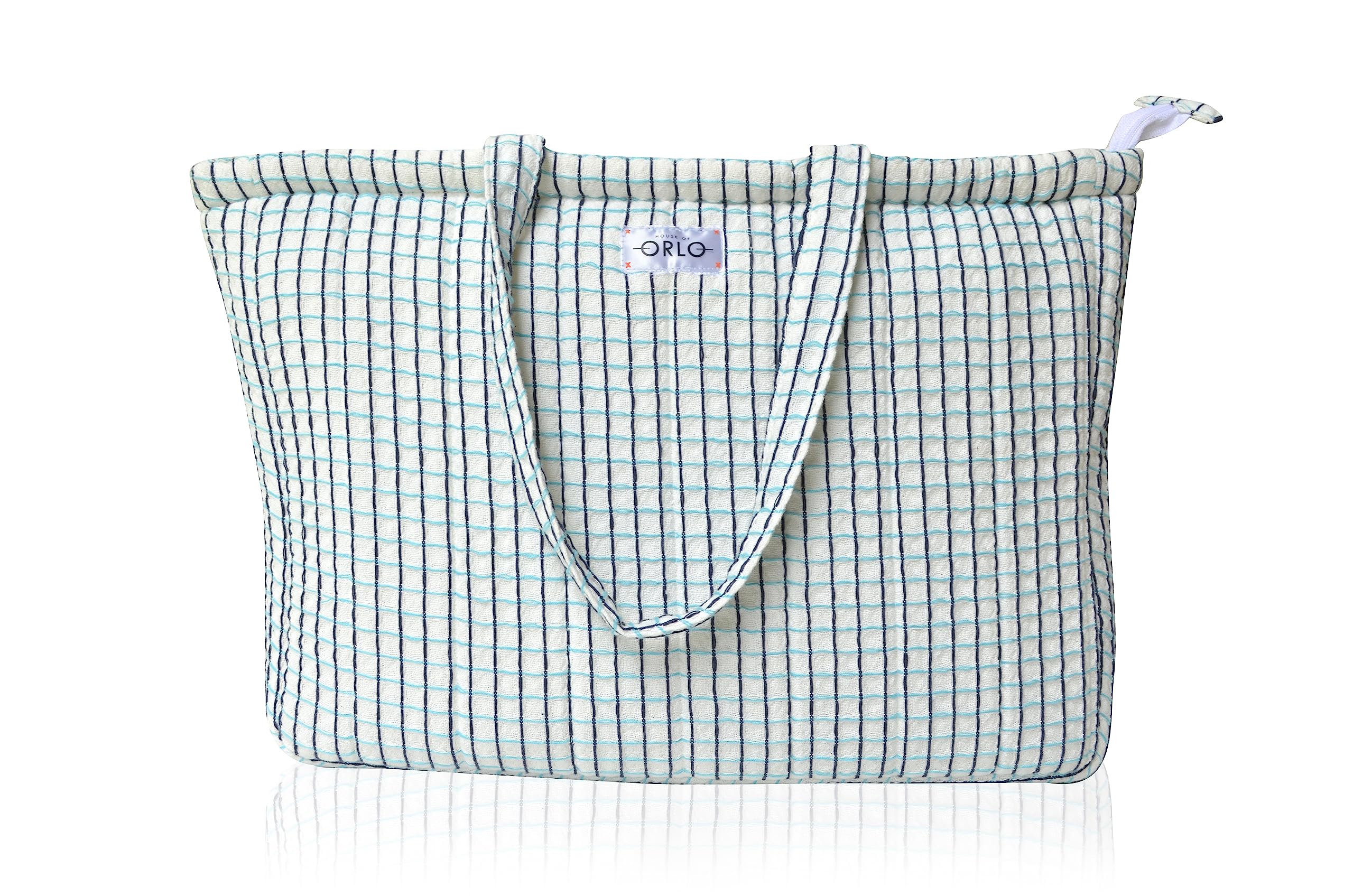 HOUSE OF ORLO Women's Cotton Quilted Aesthetic Western Tote Bags, Waffle Weave Handmade With Zipper And Double Handles For Women & Girls, Daily Use Handbag For College/Travel/Work (White-Blue)