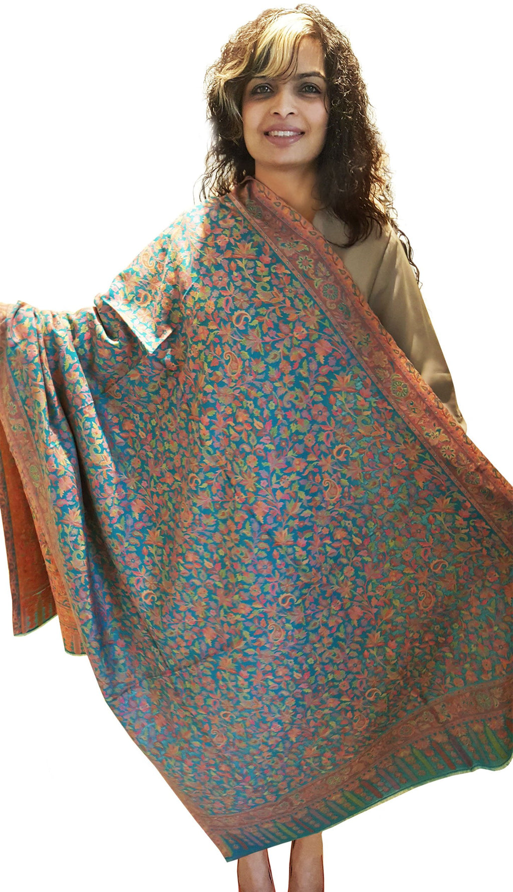 Mehrunnisa Jamawar Kani 100% Pure Wool Shawl Wrap From Kashmir (Turquoise)