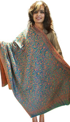 Mehrunnisa Jamawar Kani 100% Pure Wool Shawl Wrap From Kashmir (Turquoise)