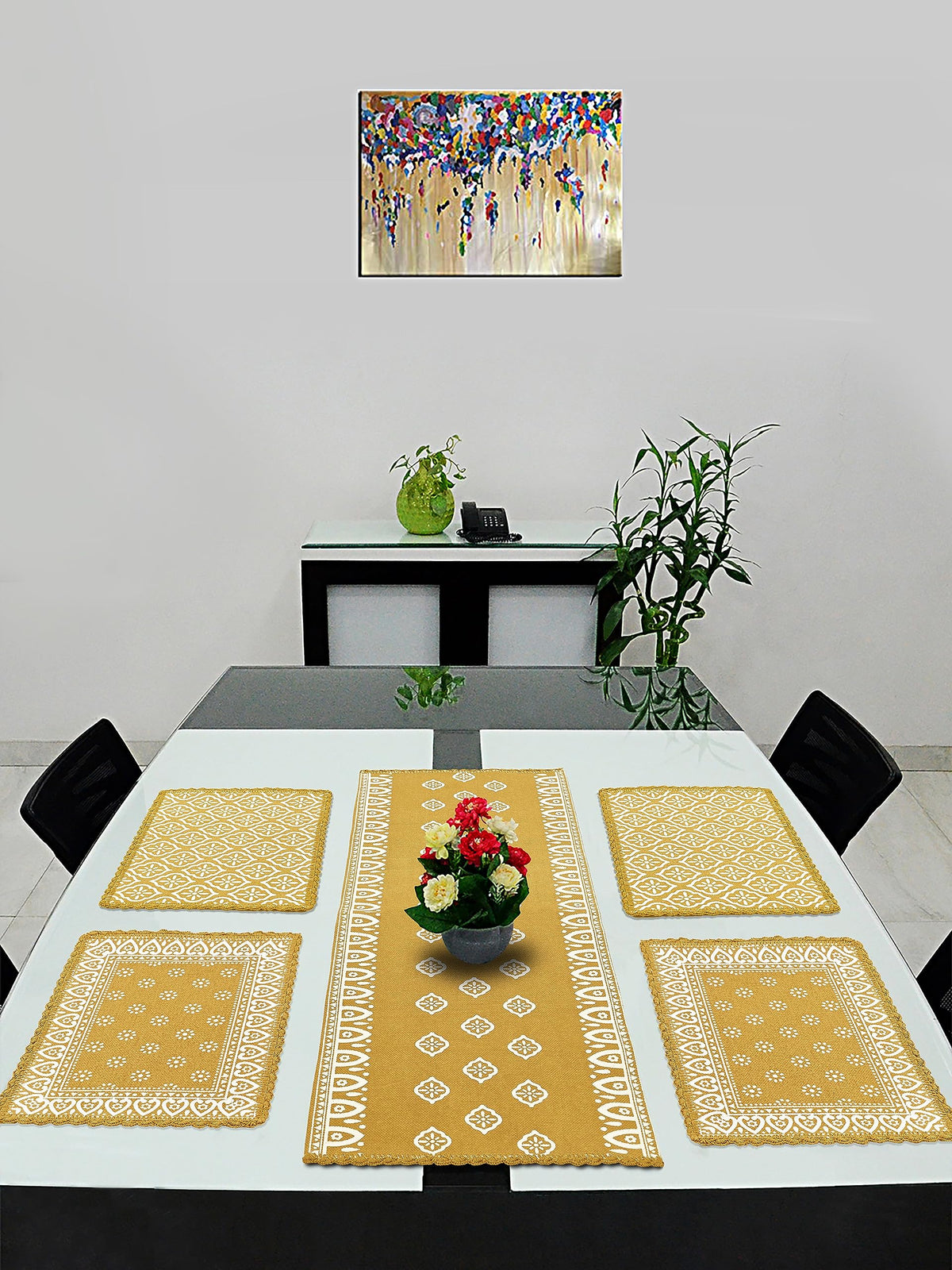 Saral Home Easy Living Cotton Dining Table Kitchen Placemats, 4 Mat -33X45Cm, 1 Runner 43X120 Cm (Set of 5) - Yellow Kafalo