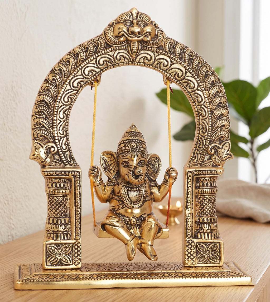 KridayKraft Ganesh ji dori jhula Idol, Ganpati Idol on Swing jhula for Temple Pooja, Ganesh Metal Statue Home, Office & Table Decorative, Religious Showpiece Figurines