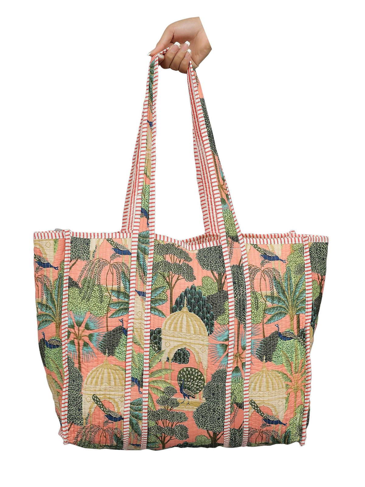 Ravaiyaa - Attitude is everything Women & Man Beautiful Printed Cotton Grocery Shopping Bag | Shoulder Bag | Cotton Tote Bag | Travel Tote Bags 18x5.5x16 Inch (Peach Peacock Garden)
