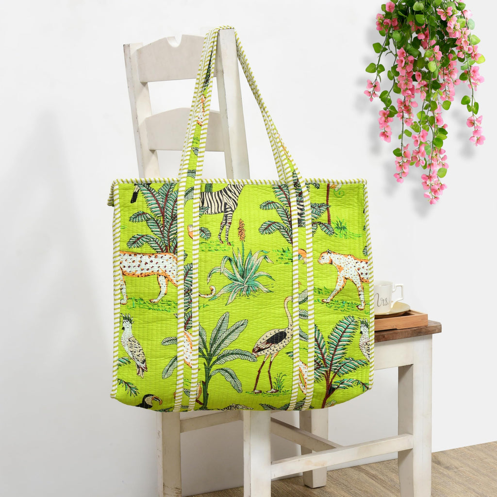 MITTICO Quilted Cotton Tote Bag for Women – Handmade Large Shoulder Handbag with Zipper & Multiple Pockets | Lightweight Travel Tote for Office, Shopping & Daily Use | Parrot Green Jungle Print