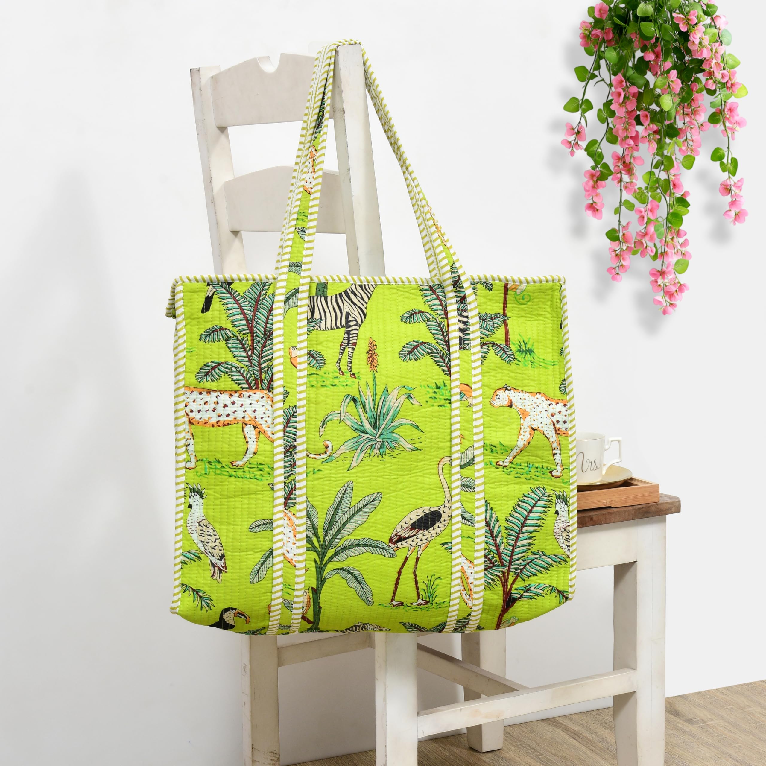 MITTICO Quilted Cotton Tote Bag for Women – Handmade Large Shoulder Handbag with Zipper & Multiple Pockets | Lightweight Travel Tote for Office, Shopping & Daily Use | Parrot Green Jungle Print