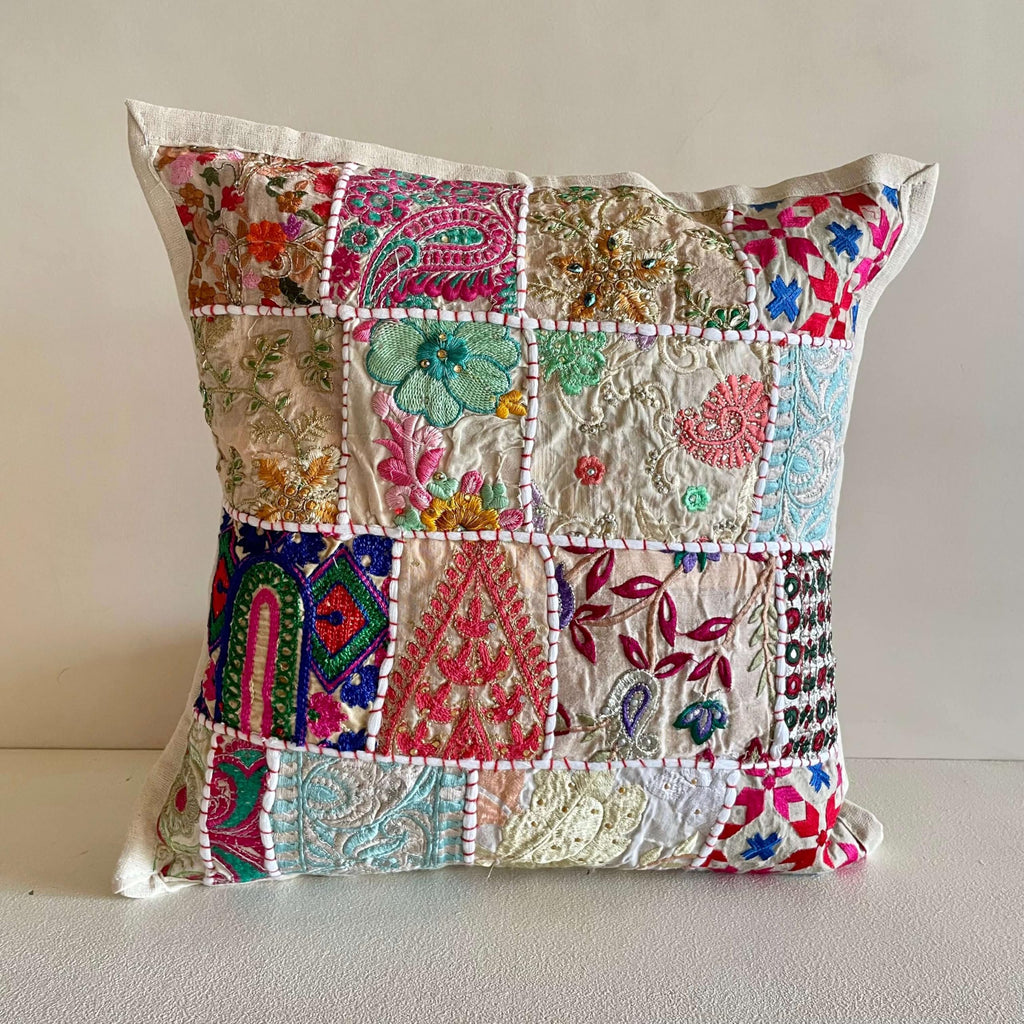 ATRANGI STUDIO Patchwork Cushion Covers - Set of 2 | Handcrafted Khambadiya Patchwork | Rajasthani Art Pillow Cover | Ethnic Cushion Covers for Sofa, Bed & Home Decor | 16x16 Inch, White