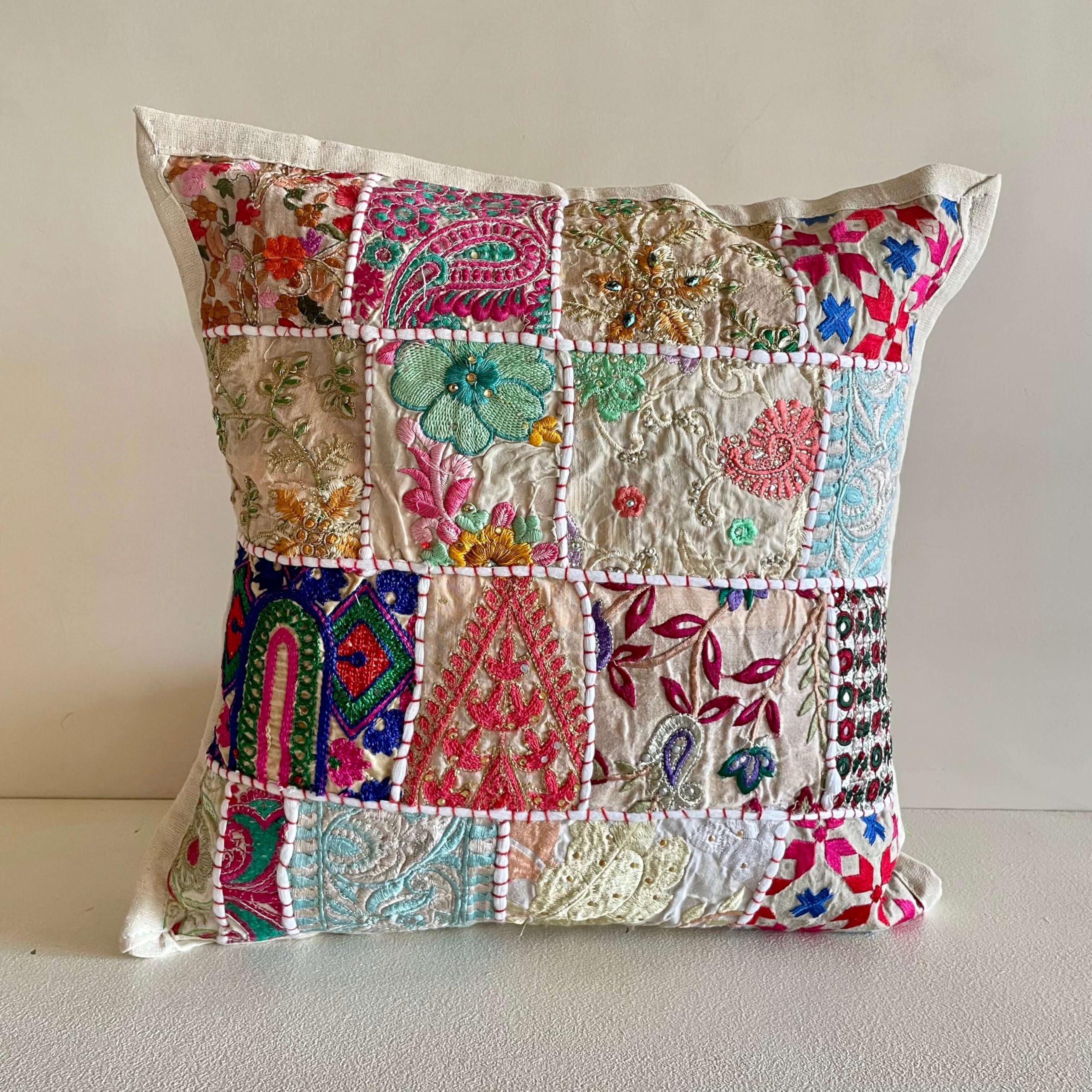 ATRANGI STUDIO Patchwork Cushion Covers - Set of 2 | Handcrafted Khambadiya Patchwork | Rajasthani Art Pillow Cover | Ethnic Cushion Covers for Sofa, Bed & Home Decor | 16x16 Inch, White