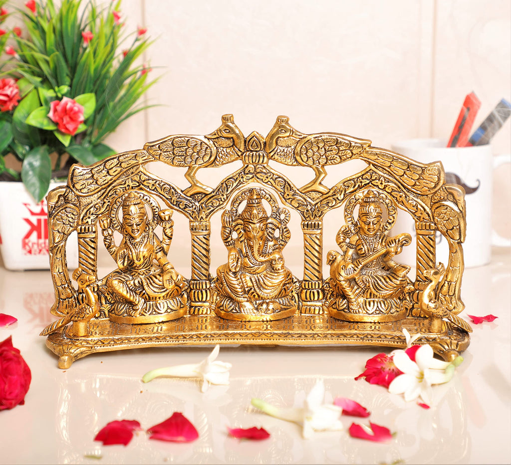 KridayKraft Laxmi Ganesh Saraswati Metal Statue Peacock Frame Looks Beautiful for Decor Your Home, Religious Idol Showpiece,Metal Laxmi Ganesha Murti for Diwali Poojan and Gifting Idol...