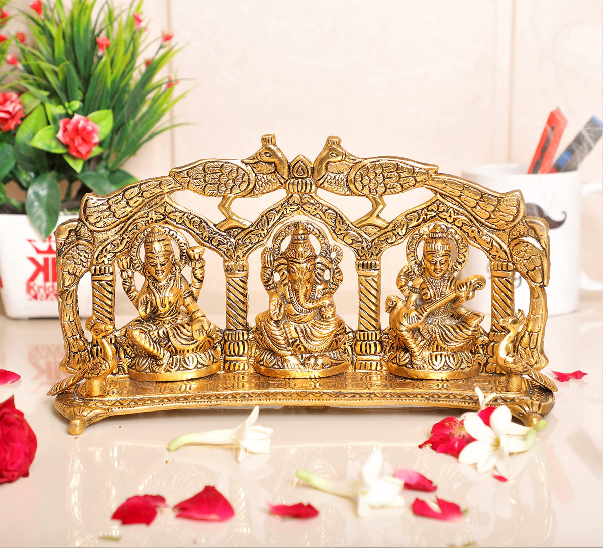 KridayKraft Laxmi Ganesh Saraswati Metal Statue Peacock Frame Looks Beautiful for Decor Your Home, Religious Idol Showpiece,Metal Laxmi Ganesha Murti for Diwali Poojan and Gifting Idol...