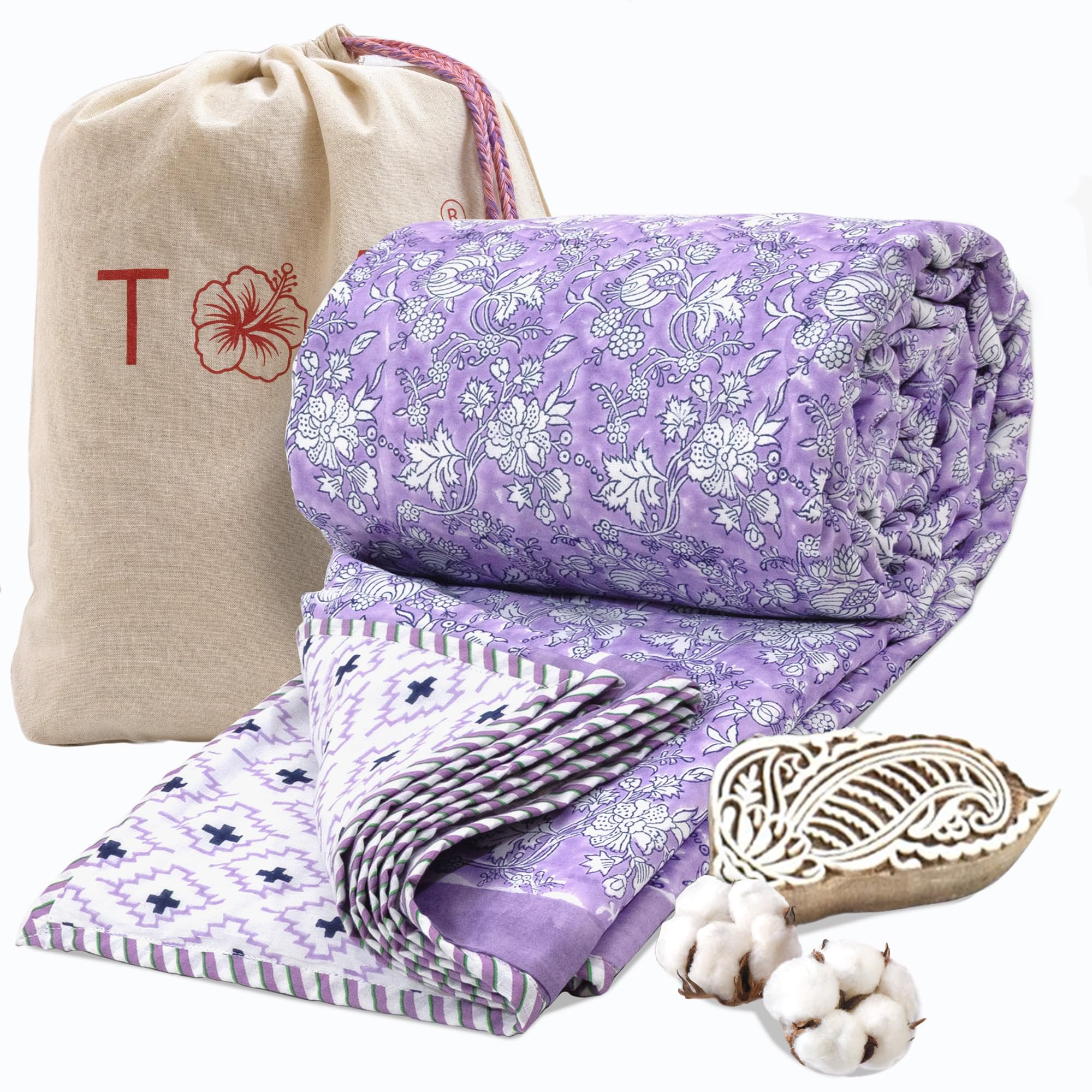 TOAIArt Premium Jaipuri Dohar | AC Blanket Summer Quilt | Hand Block Printed | 3 Layers | Reversible | 150GSM 100% Mulmul Cotton | 100% Cotton Flannel Filling | King 108 X 90 |Lavender Kalamkari Kafalo