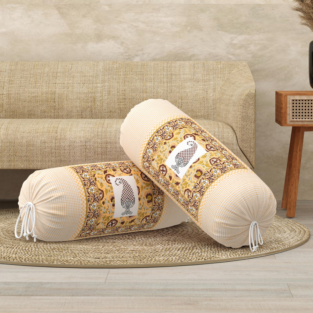 BLOCKS OF INDIA Cotton Hand Block Printed Bolster Cover | Booster Cover with Drawstring | Round Long Pillow Cover for Bed | Dewan Pillow Cover Set 16 X 32 | Set of 2 (Color 39)