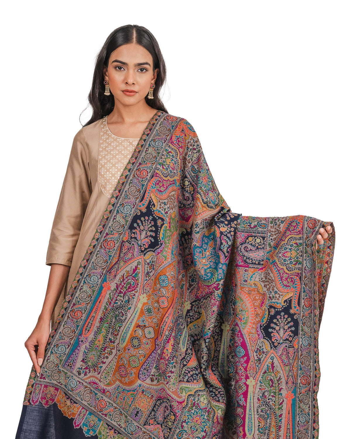 Naureen Women Pashmina Blend Kani Shawl with Paisley and Floral Artwork, Warm and Soft, 40x80 inches (Navy)