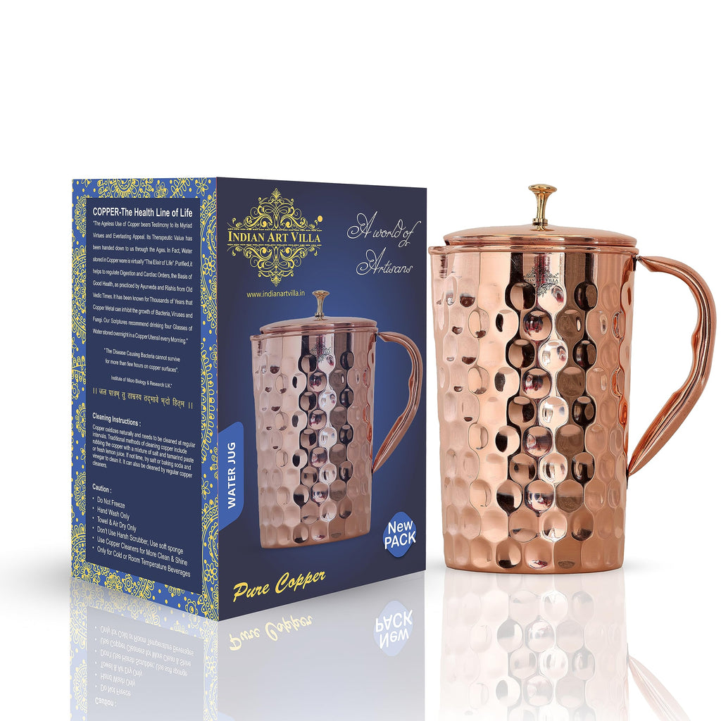 Indian Art Villa Diamond Design Copper Jug Pitcher with Brass Knob, Storage & Serving Water, Yoga Ayurveda Healing, Volume- 2000 ML