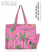 NIKAVIK 1 Tote Bags and 3 Pouch Quilted fabric Handblock Printed Tote Bag(with zip) and bottle compartment with Matching Pouches (Light Pink)