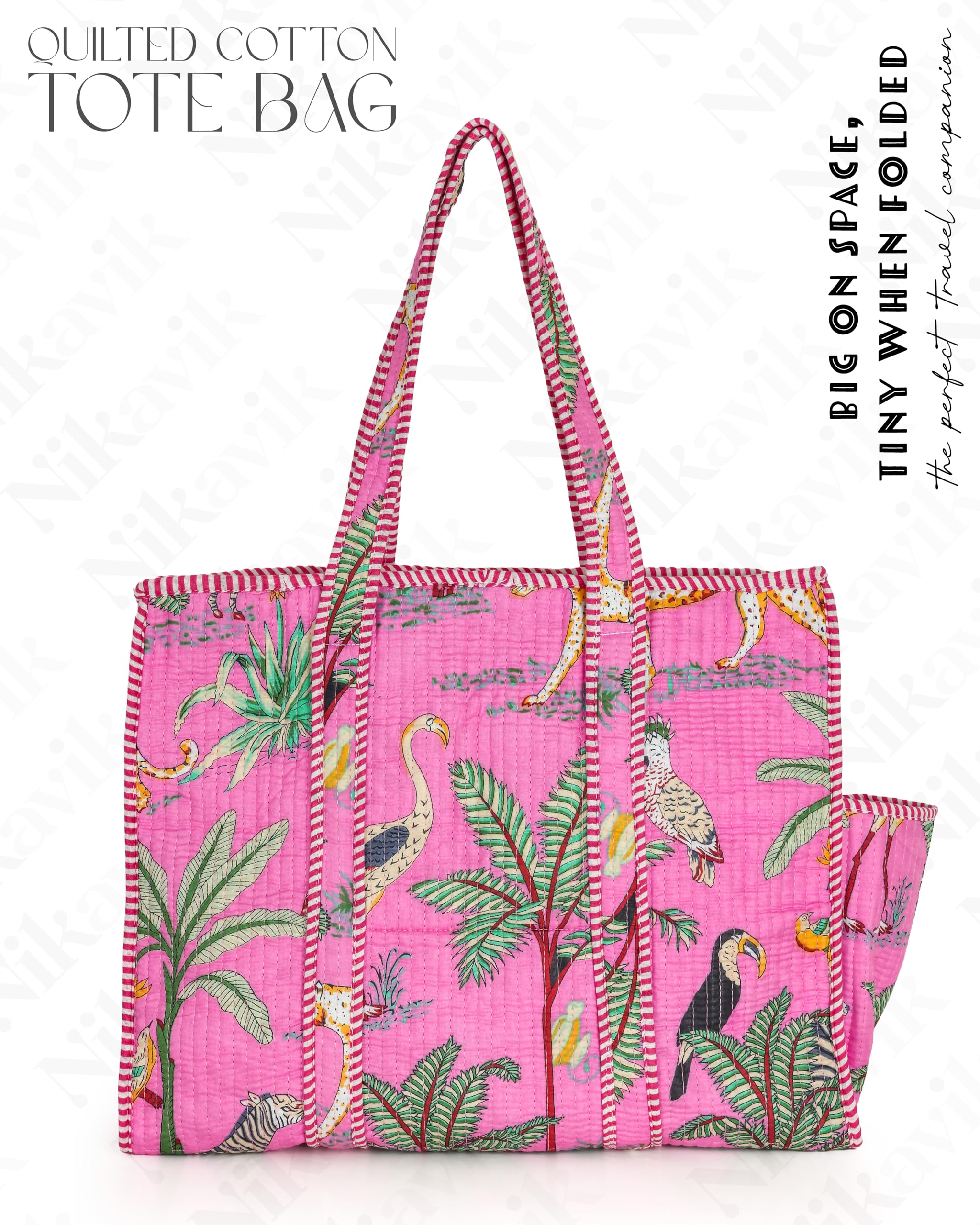 NIKAVIK 1 Tote Bags and 3 Pouch Quilted fabric Handblock Printed Tote Bag(with zip) and bottle compartment with Matching Pouches (Light Pink)