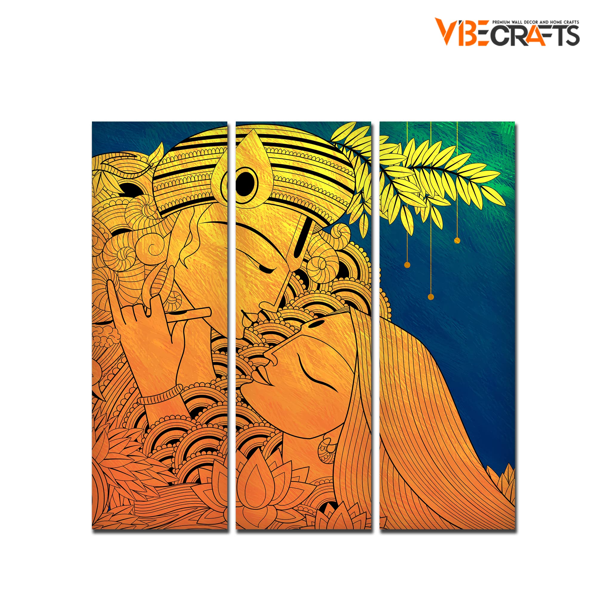 VIBECRAFTS Beautiful Radha Krishna 3 Pieces Canvas Wall Painting Fitted With Wooden Frame For Home | Office | Living Room | Gifts (PTVC3Pcs1_9536)