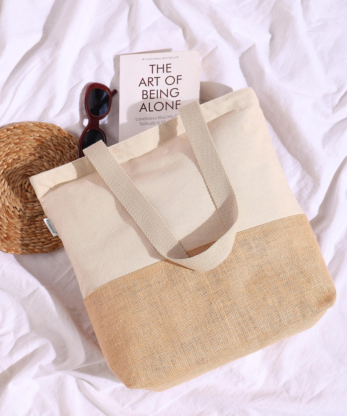 Econest Premium Canvas Totebags for Women with zipper, College Bag for Girls, 100% Organic Cotton Tote bag | beach,gift,office, school & Daily Usable strong handbag Medium size (NATURAL JUTE)