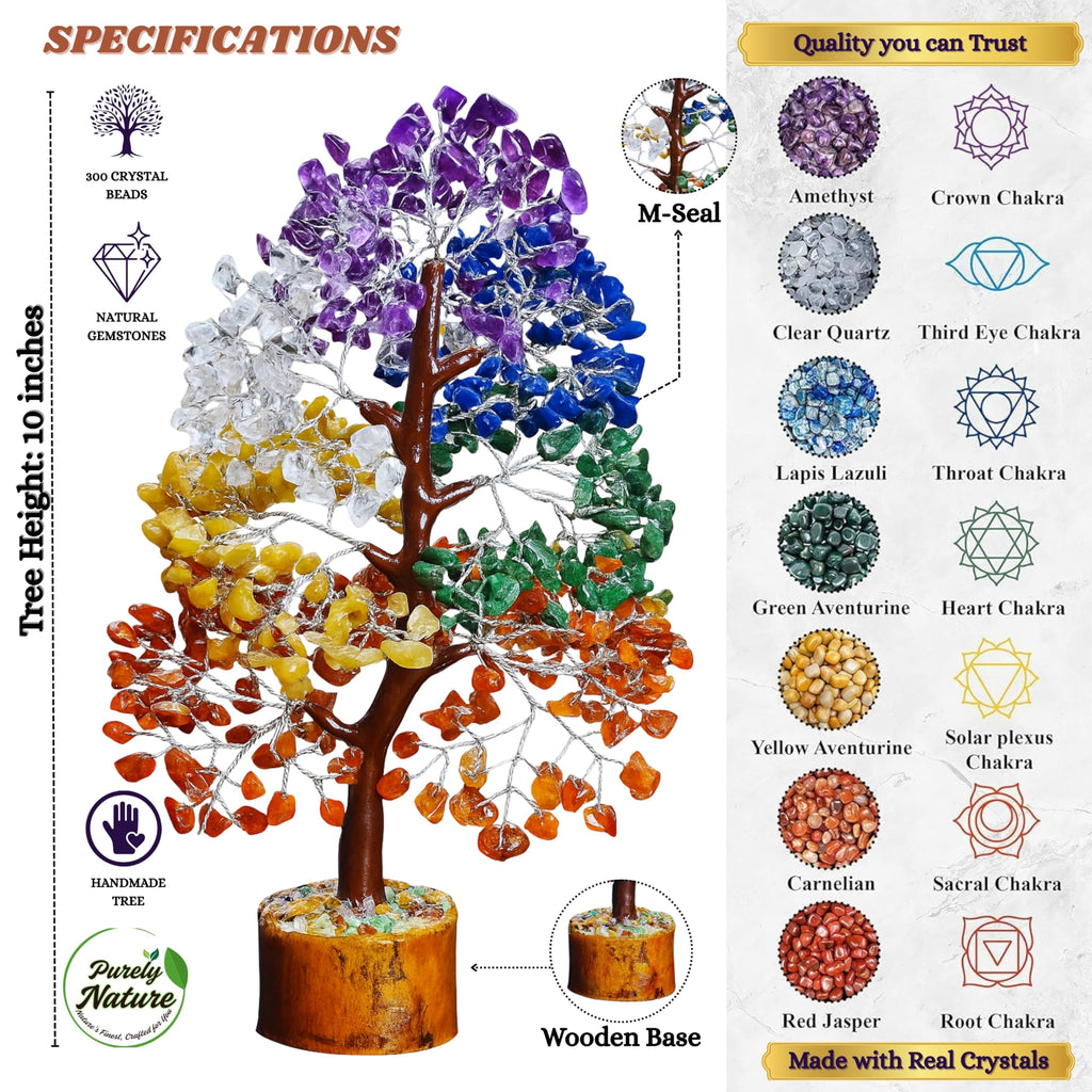 7 Chakra Crystal Tree 300 Beads – Original Natural Gemstones, Healing Bonsai Money Tree of Life for Home Decor, Vastu, Reiki, Feng Shui, Positive Energy, Prosperity & Good Luck