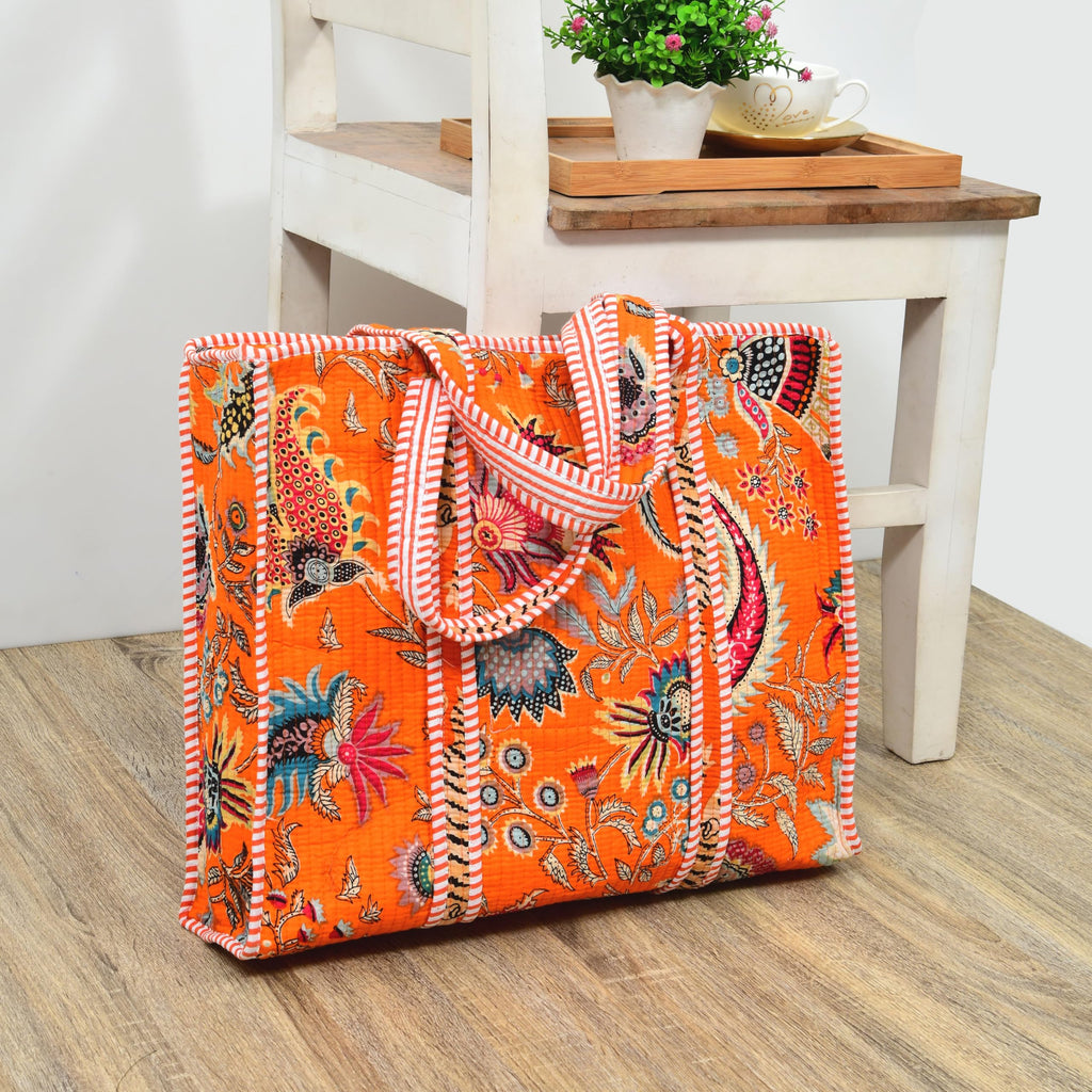 MITTICO Quilted Cotton Tote Bag for Women – Large Shoulder Handbag with Zipper & Multiple Pockets | Lightweight Travel Tote for Office, Shopping & Daily Use | Orange Floral Print