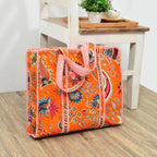 MITTICO Quilted Cotton Tote Bag for Women – Large Shoulder Handbag with Zipper & Multiple Pockets | Lightweight Travel Tote for Office, Shopping & Daily Use | Orange Floral Print