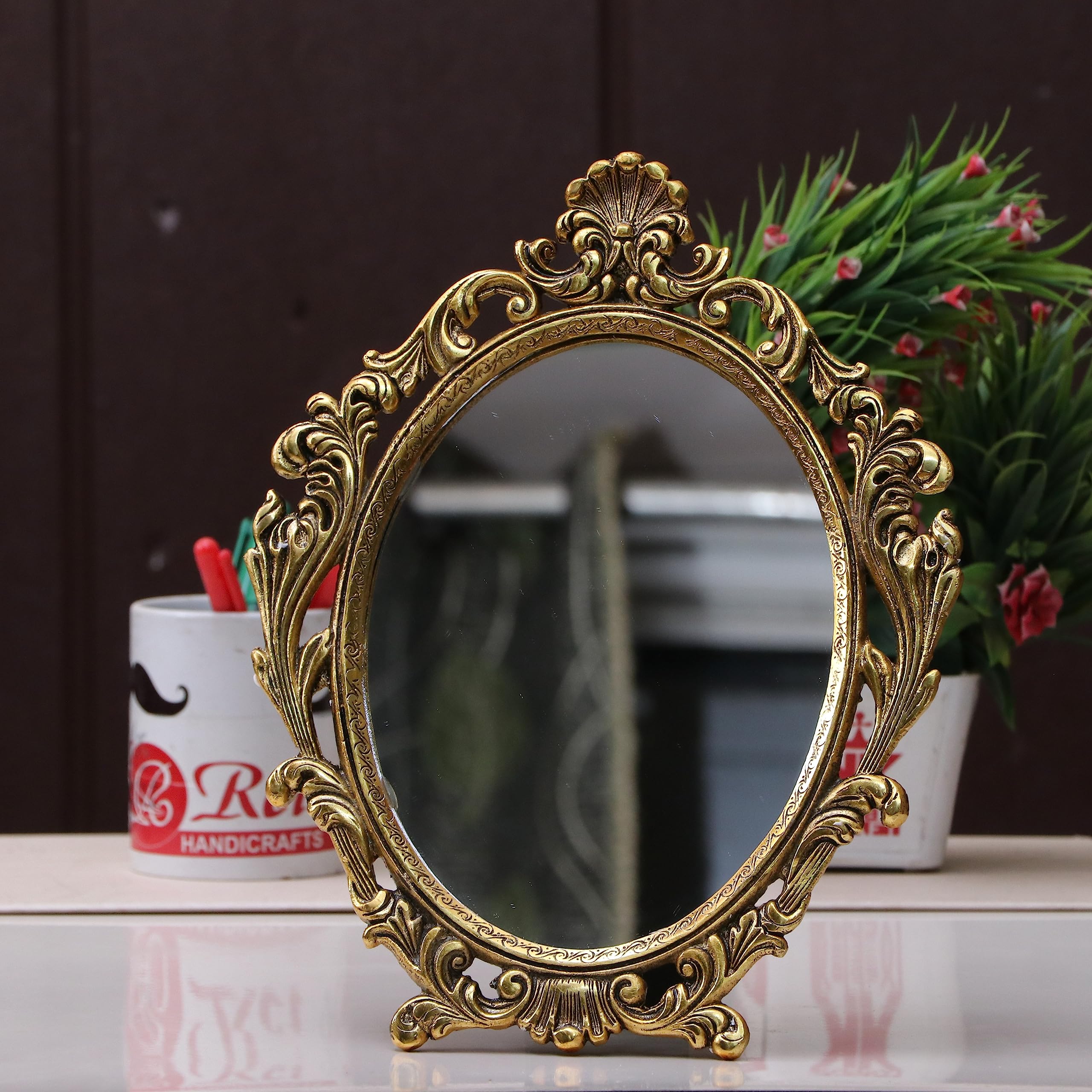 KridayKraft Table Mirror Gold Plated for Gift Love one Festival Gift Perfect for Birthday, Anniversary Wedding (Floor Mount, Oval, Framed)