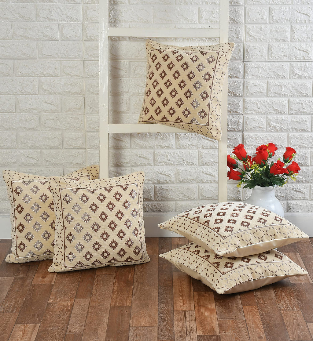 DECOMIZER Jacquard Geomteric Cushion Covers 24 inch x 24 inch Set of 5 Ethnic Motifs Cushion Covers,Design- Diamond,Color- Cream-240 TC