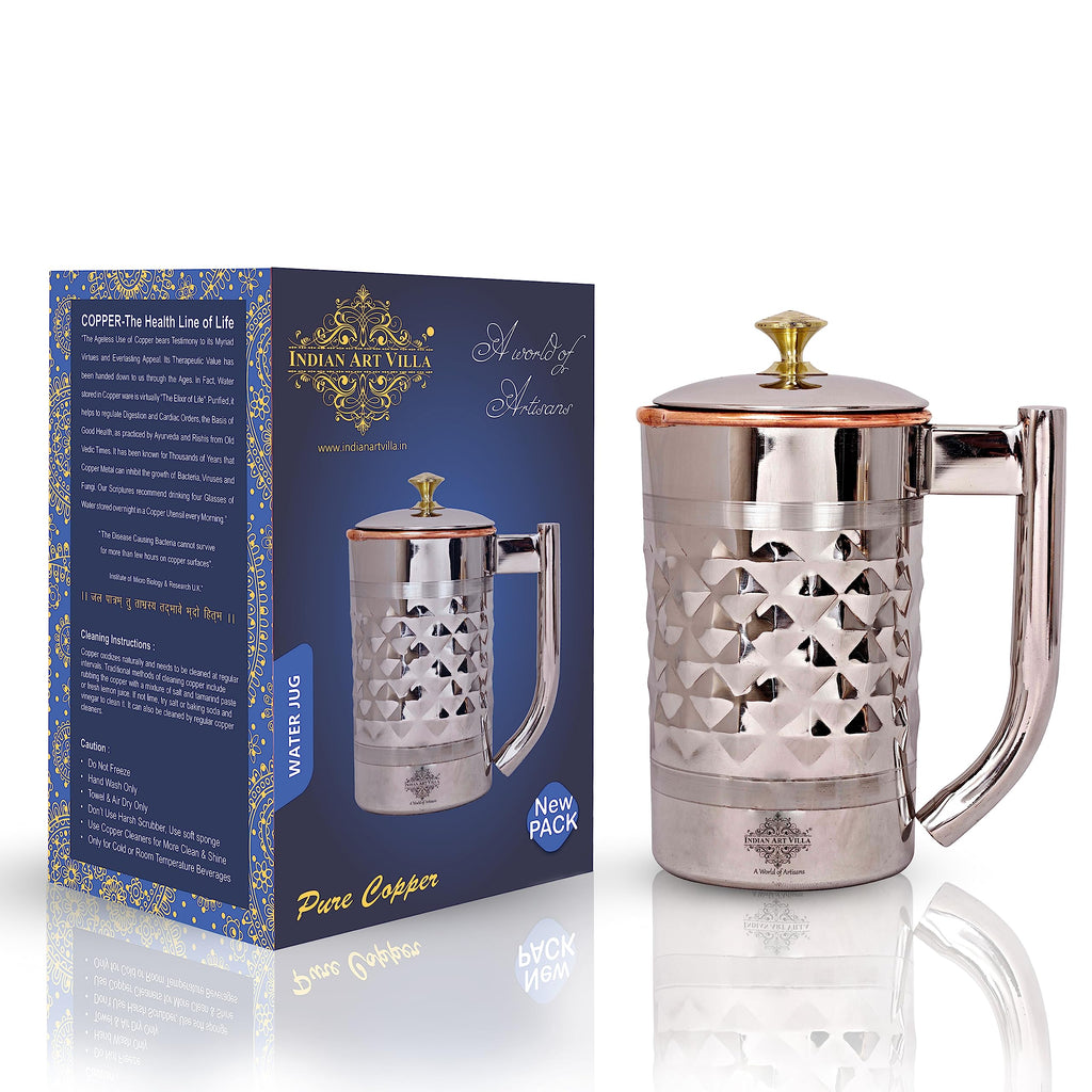 Indian Art Villa Diamond Hammered Steel Copper Jug Picther with Brass Knob, Serveware, 1200 ML