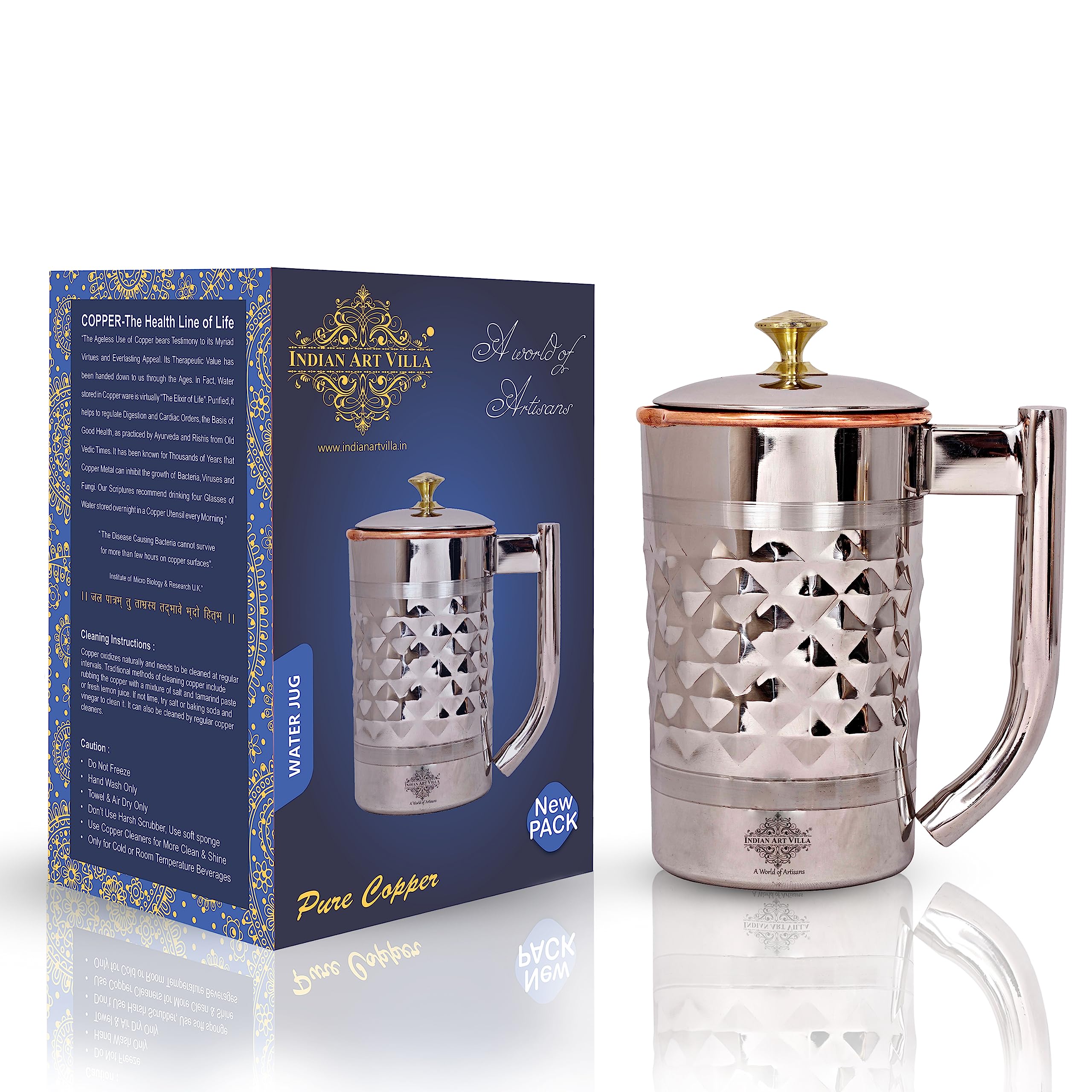 Indian Art Villa Diamond Hammered Steel Copper Jug Picther with Brass Knob, Serveware, 1500 ML