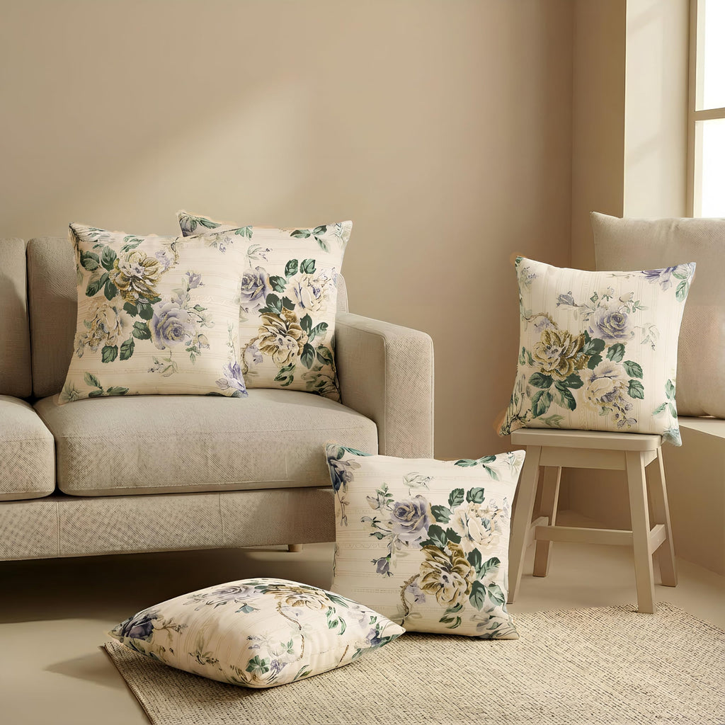 Clasiko Cotton Cushion Covers 12x12 – Set of 5 Decorative Cushion Covers, Lilac Fleur, Soft Cotton, Hidden Zip, Sofa & Bedroom Décor