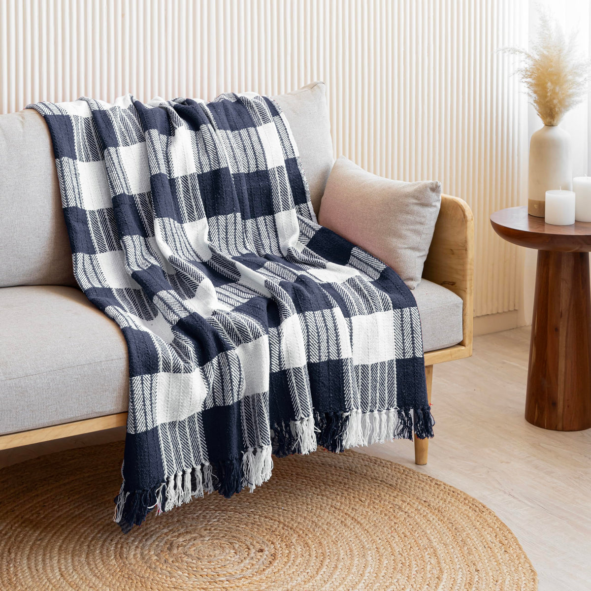 HOMEMONDE Hand Woven Throw Blanket Premium Cotton Reversible Boho Cozy Decorative Plaid Throw With Fringes - (50 X 60 Inch, Blue, 200 Tc) Kafalo
