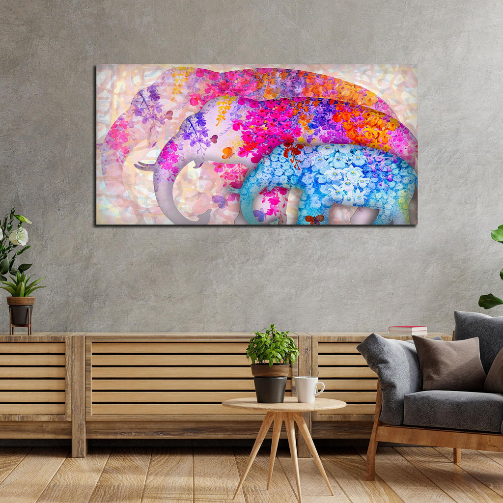 VIBECRAFTS Canvas Paintings for Living Room Drawing Room Three Abstract Art Elephants Canvas Wall Painting Fitted With Wooden Frame for Home | Office | Gift (PTVCH_2412N)