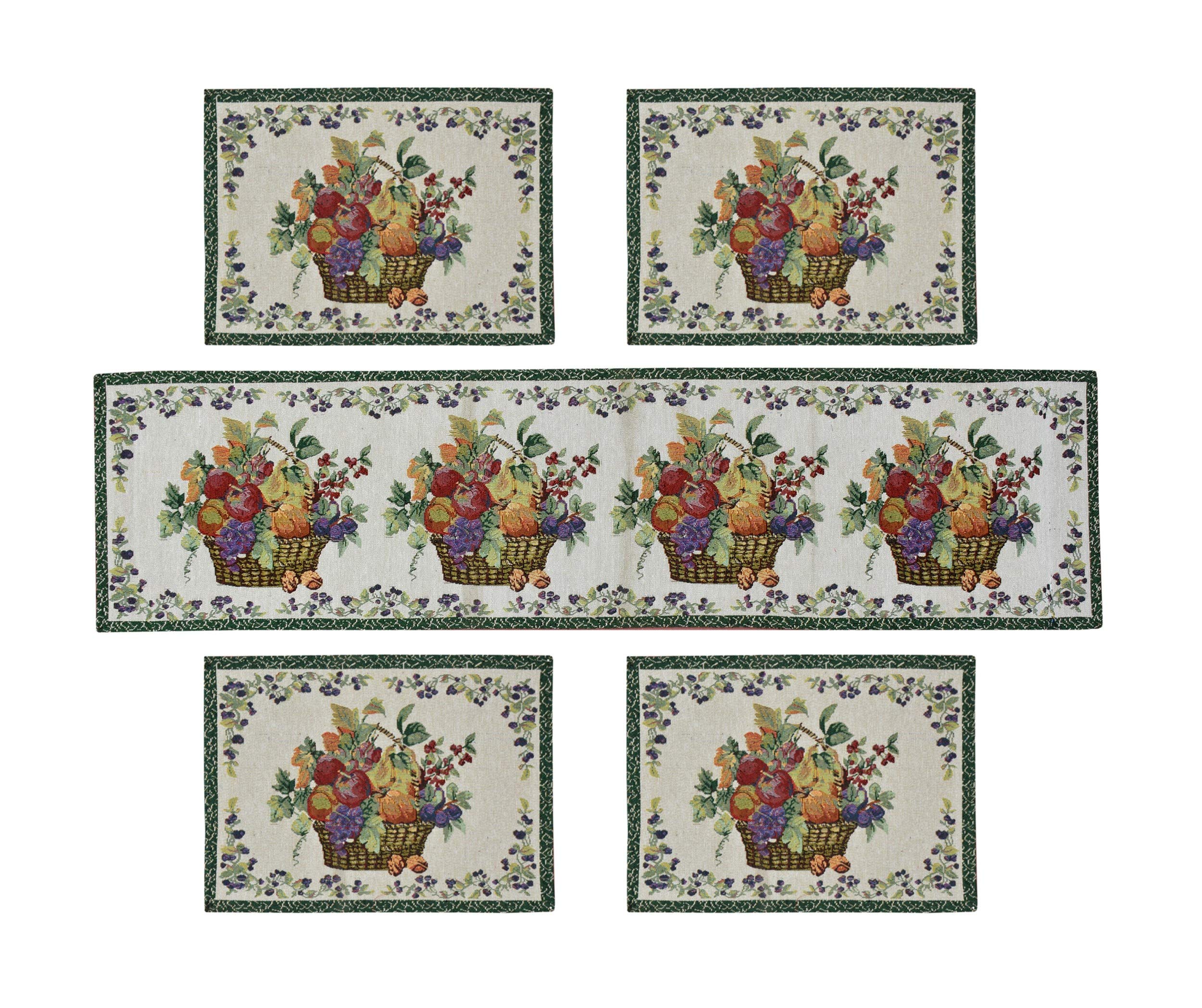 Galaxy Home Decor Washable Cotton Linen Jacquard Fabric Rectangular Dining Table Table Mats, 4 Pieces with Runner (Basket Design, Multicolor, Mat 13x18 inches and Runner 13x54 inches) Kafalo