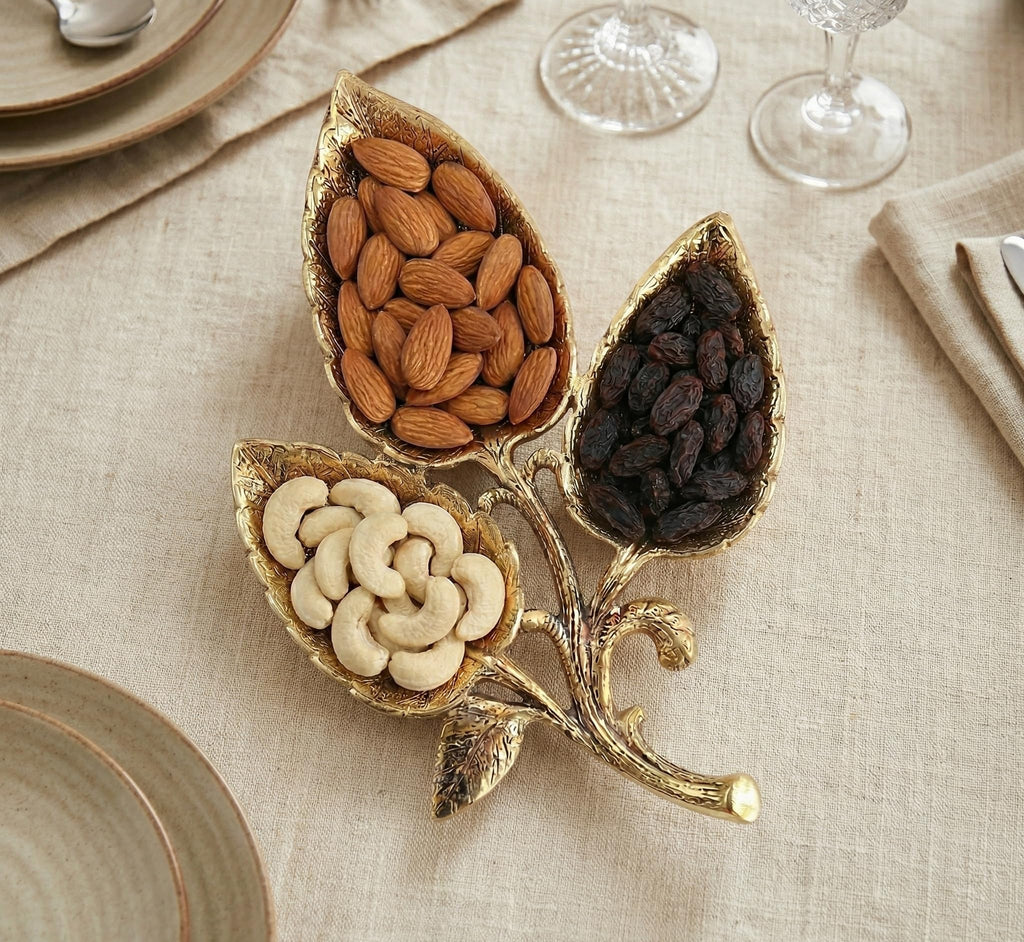 Kridaykraft Metal Gold Polish Leaf-Shaped 3-Section Dry Fruit Tray, 17x17 cm, 250 gm, Decorative Serving Platter