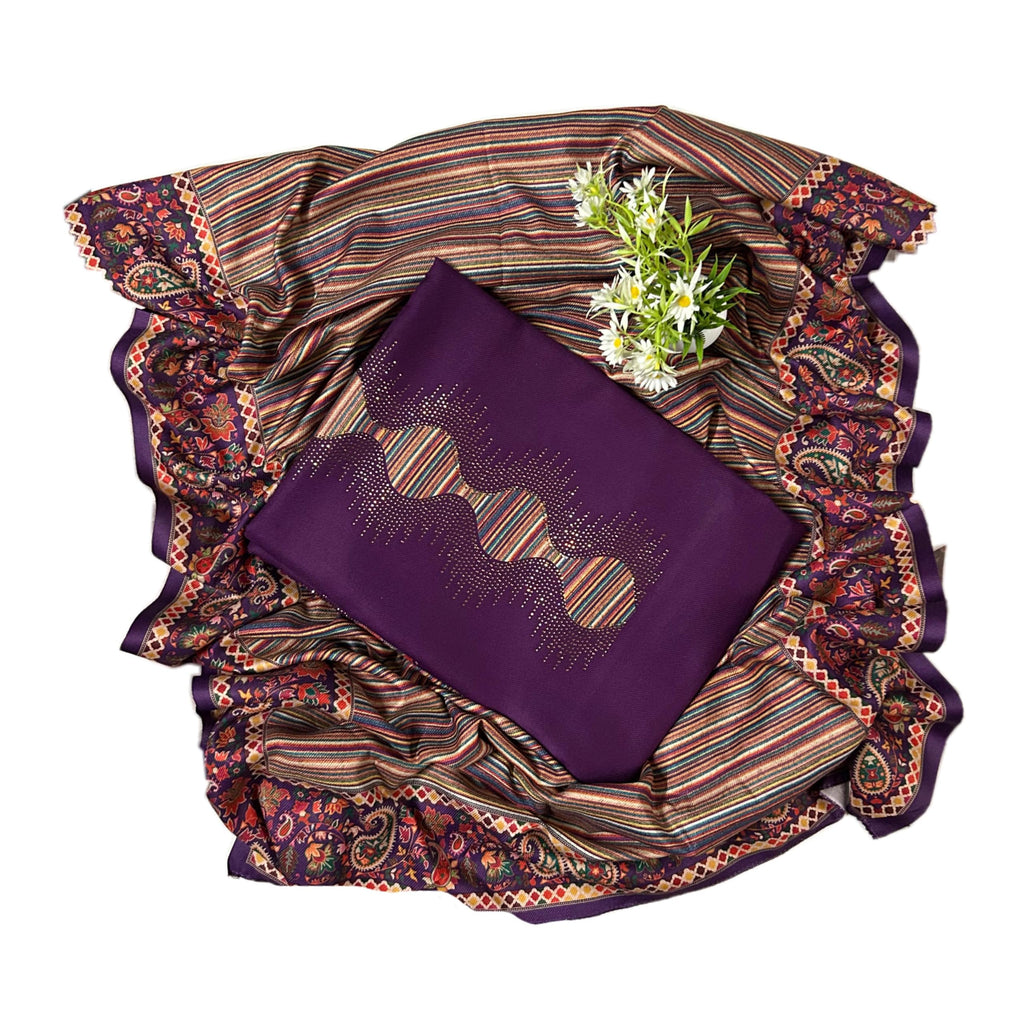 EJS Women's Winter Unstitched Woolen Pashmina Digital Printed Swarovski Work Salwar Suit Dress Material With Soft/Pashmina Shawl (Noor-e-Amethyst)