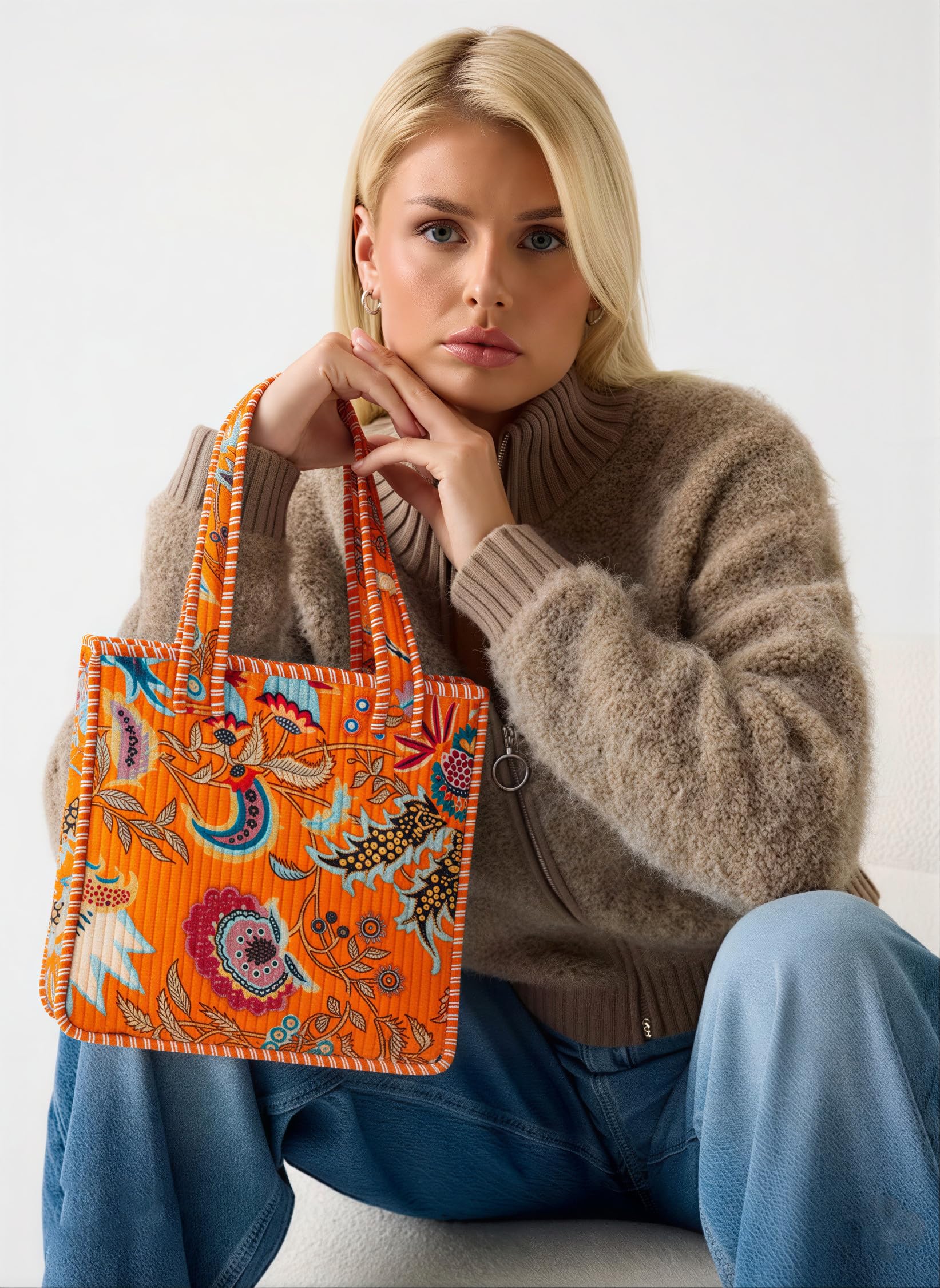 Cotton Quilted Tote Bag for Women, Jungle Print Handbag, Reusable Shoulder Bag with Dual Handles, Lightweight Travel Shopping Tote, Large Capacity Everyday Carry Bag - (Orange tiger bag, 12×12 In)
