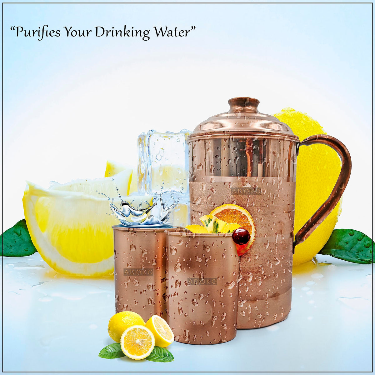 Adoko Pure Copper Water Jug 1.5 Litre with 2 Copper Glasses (300ml Each) | Ayurvedic Copper Pitcher Set for Drinking & Storage for Health & Wellness