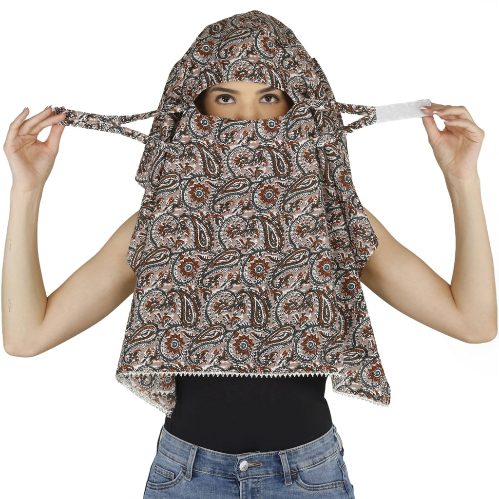 DEEPNYRA - LIVING STYLE Women and Girls Printed Scarf Cum Face Cover Mask Head Neck Face Safety Sun Protection Scarf Mask Head Bandana Wrap Pure Cotton Printed Stole (Grey Paisley)