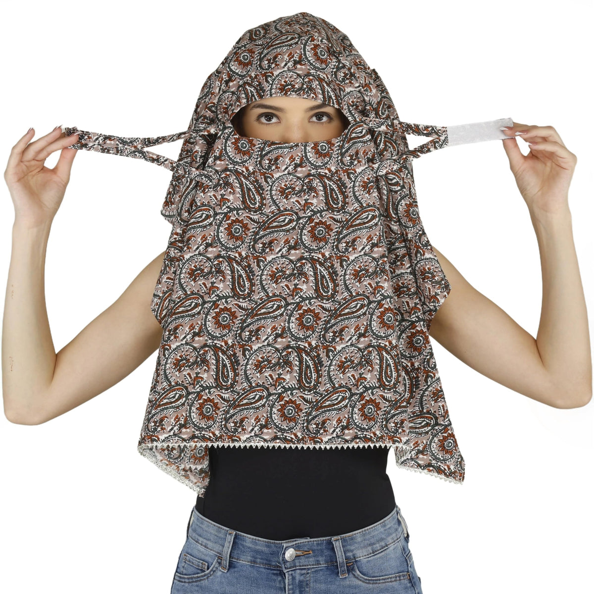 DEEPNYRA - LIVING STYLE Women and Girls Printed Scarf Cum Face Cover Mask Head Neck Face Safety Sun Protection Scarf Mask Head Bandana Wrap Pure Cotton Printed Stole (Grey Paisley)