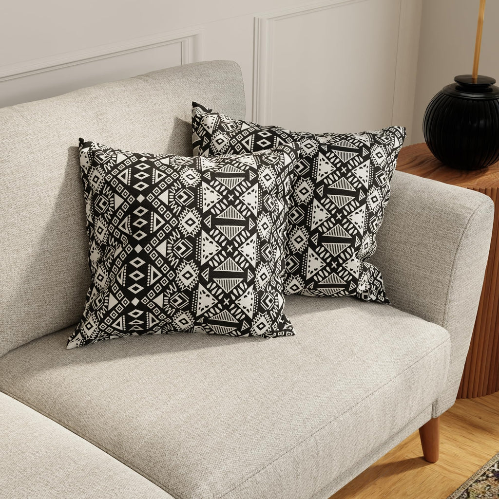 HUESLAND Premium Cotton Cushion Cover 16 x 16 inch Set of 2 | Decorative Throw Pillow Covers for Sofa, Living Room & Bedroom | Geometric Black