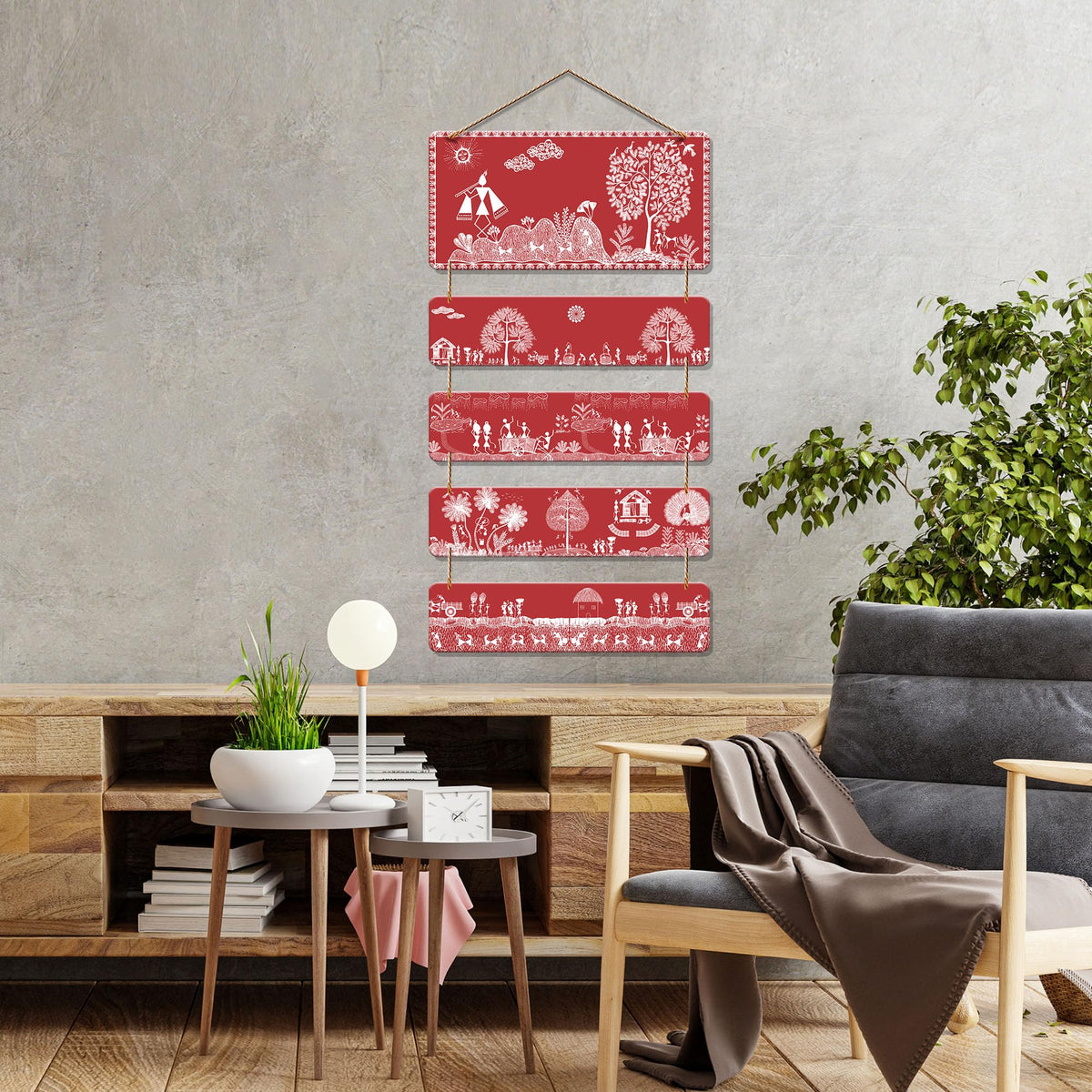 Artvibes Red Warli Tribal Art Wooden Wall Hanging Decoration Items for Home | Bedroom | Mdf Designer Artwork Decorative for Living Room | Ideal Gifts | Stylish Modern Decor Item (WH_6720N)