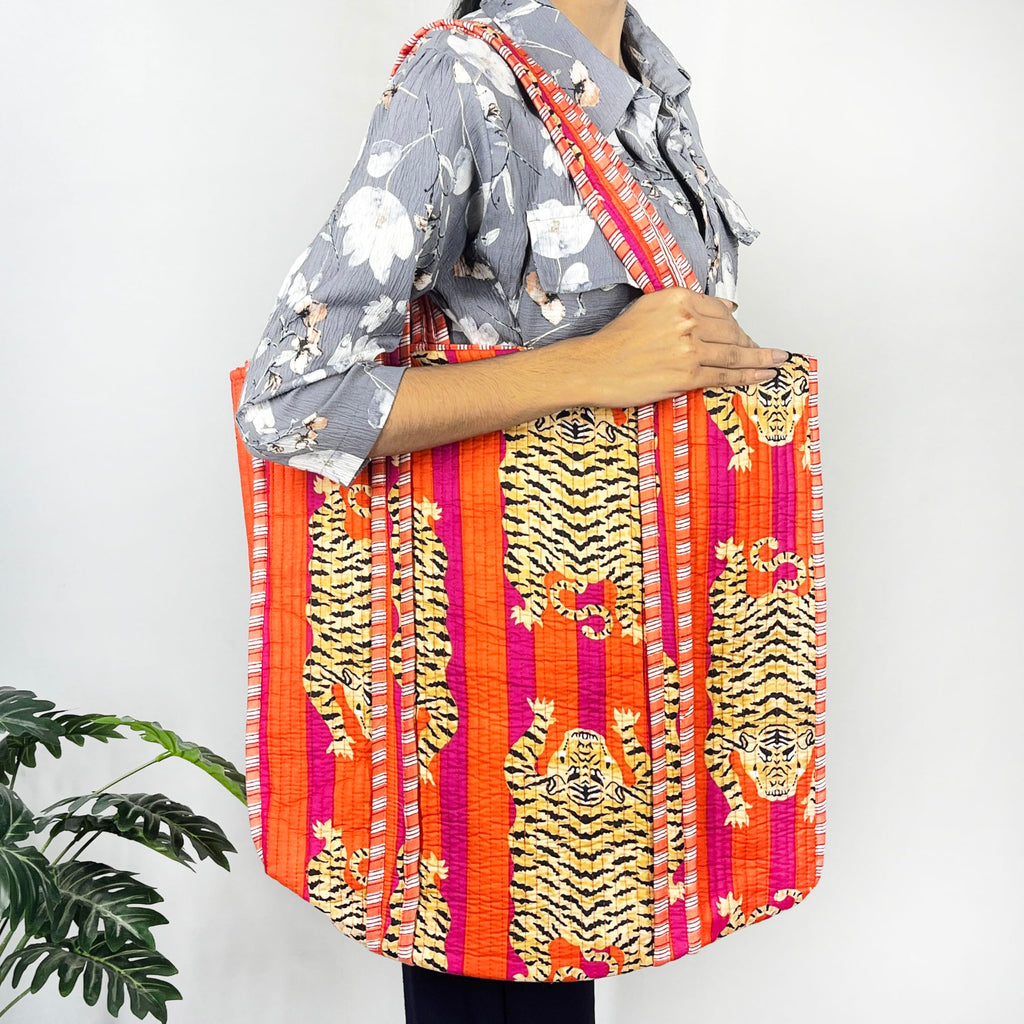 Marika Textiles Red Tiger Printed - Premium Cotton Quilted Grocery Shopping Tote Bag, Shoulder Tote Bag for Women