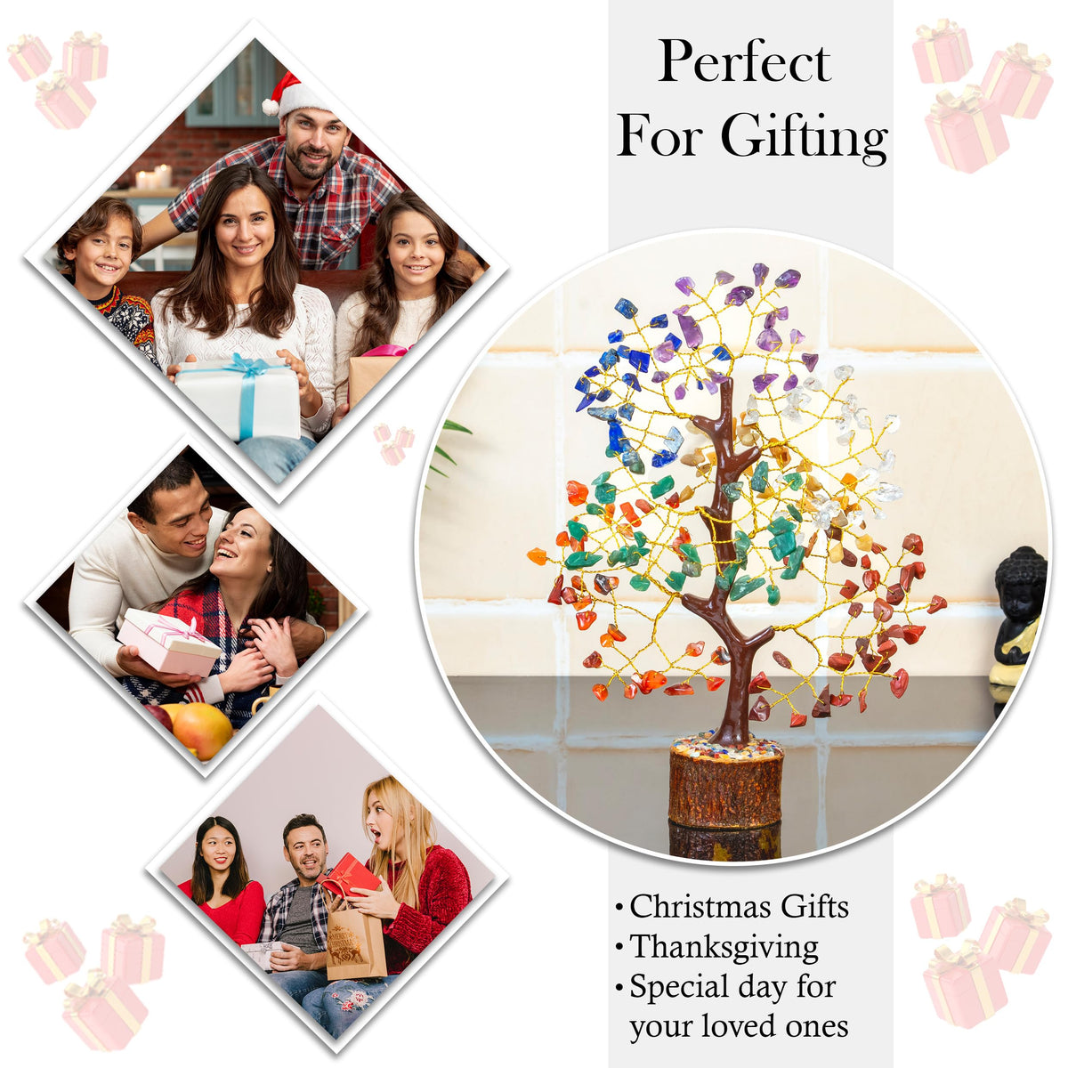HindCraft Chakra Tree for Positive Energy & Healing | Feng Shui Seven Chakra Tree of Life with Crystals & Stones | Home Décor for Living Room & Spiritual Spaces