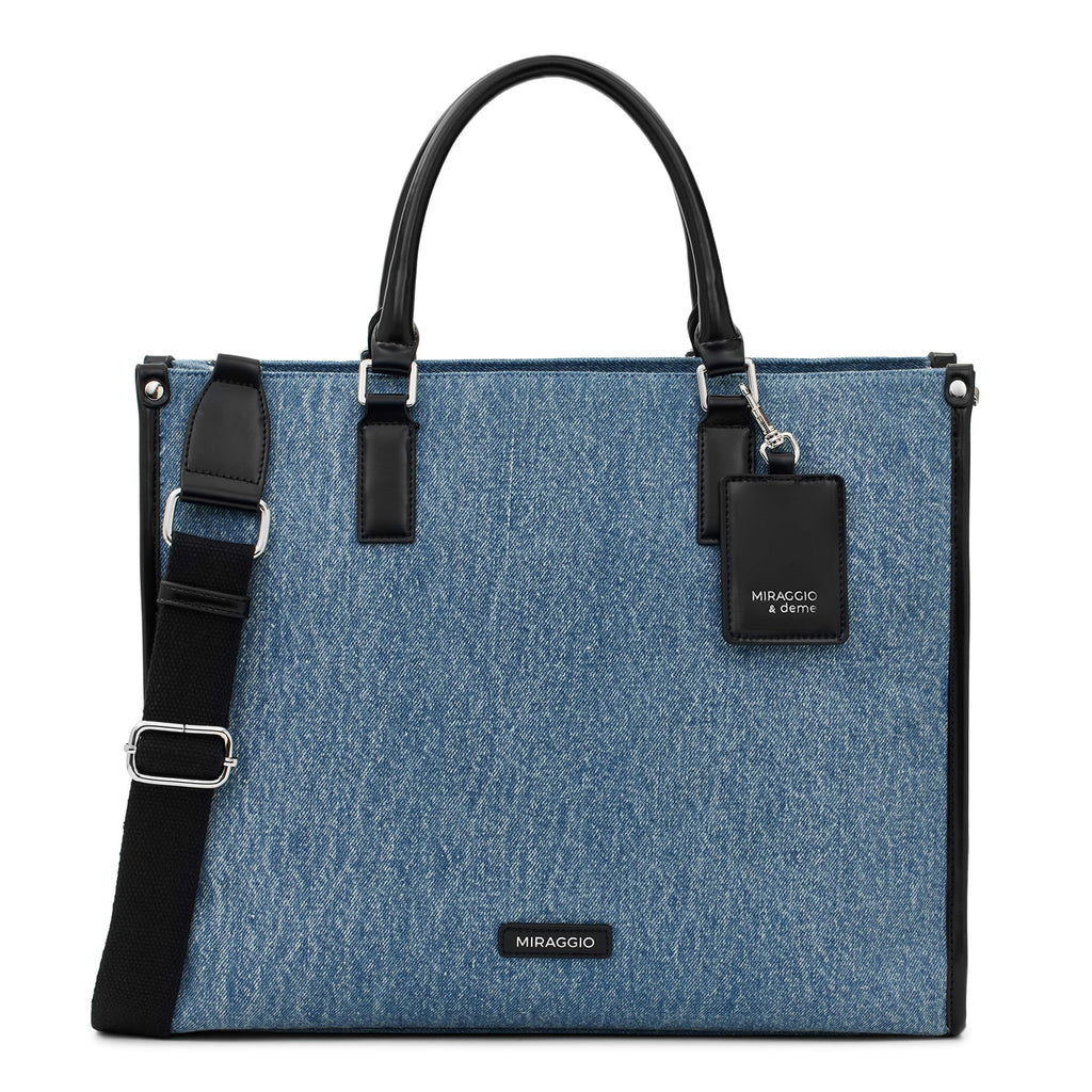 Miraggio Womens Denice Large Sized Tote Bag With Adjustable & Detachable Sling Strap And Top Handles | Fits Upto 16 Laptop | Tote Bags for Women For Office Use, Work (Denim & Black)