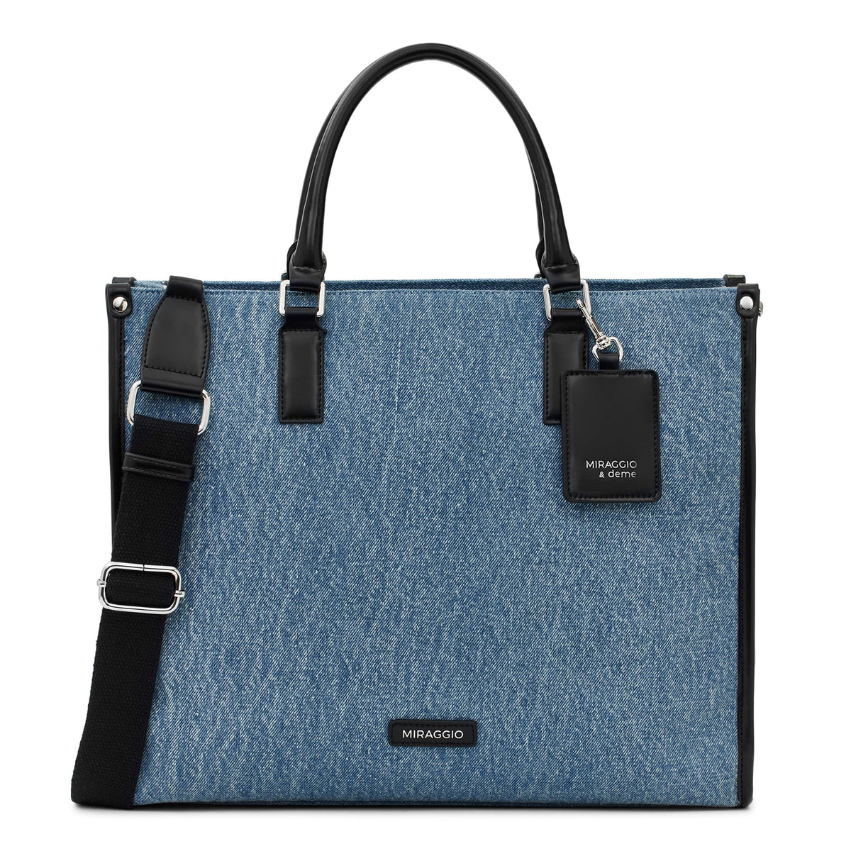 Miraggio Womens Denice Large Sized Tote Bag With Adjustable & Detachable Sling Strap And Top Handles | Fits Upto 16 Laptop | Tote Bags for Women For Office Use, Work (Denim & Black)