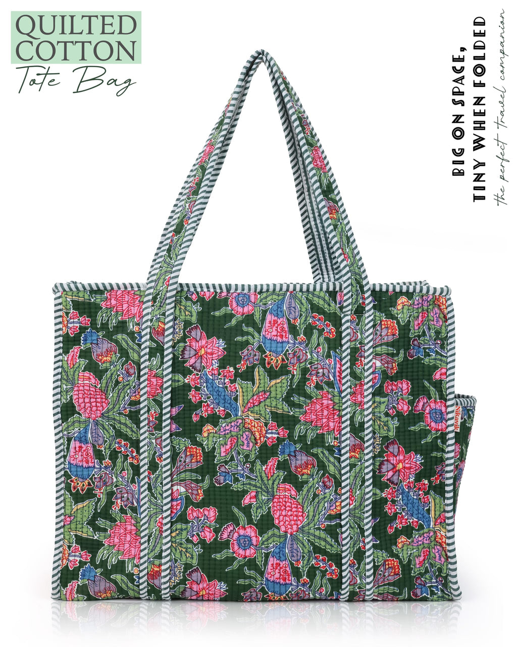 NIKAVIK 1 Tote Bag and 3 Pouches | Jaipuri Quilted fabric Handblock Printed Tote Bag (with zip closure and bottle compartment) with Matching Pouches (Green Multi)