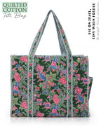 NIKAVIK 1 Tote Bag and 3 Pouches | Jaipuri Quilted fabric Handblock Printed Tote Bag (with zip closure and bottle compartment) with Matching Pouches (Green Multi)