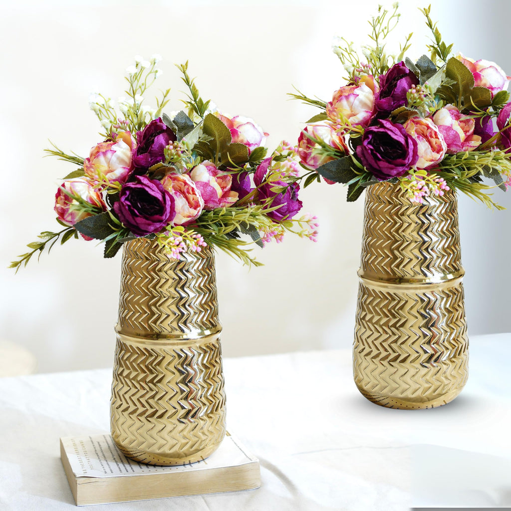 BEHOMA Arrow Engrave Metal Cylindrical Vase for, Golden - 2 Pcs