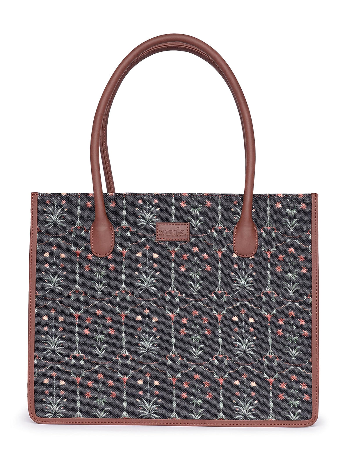 ZOUK Taj Guldasta Floral Printed Jute Handcrafted Black Women's Stylish Tote Bags | Tote Handbag| Shoulder bag with double handle