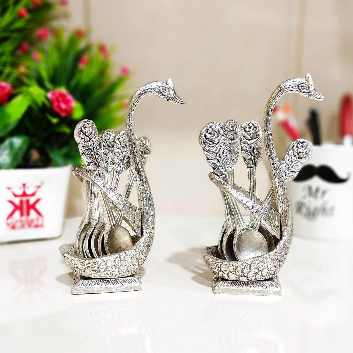 KridayKraft Metal Swan (Duck) Silver Spoon Stand for Dining Table Spoon Set with Stand/Decorative Spoon Rest Showpiece Item for Dining Table...
