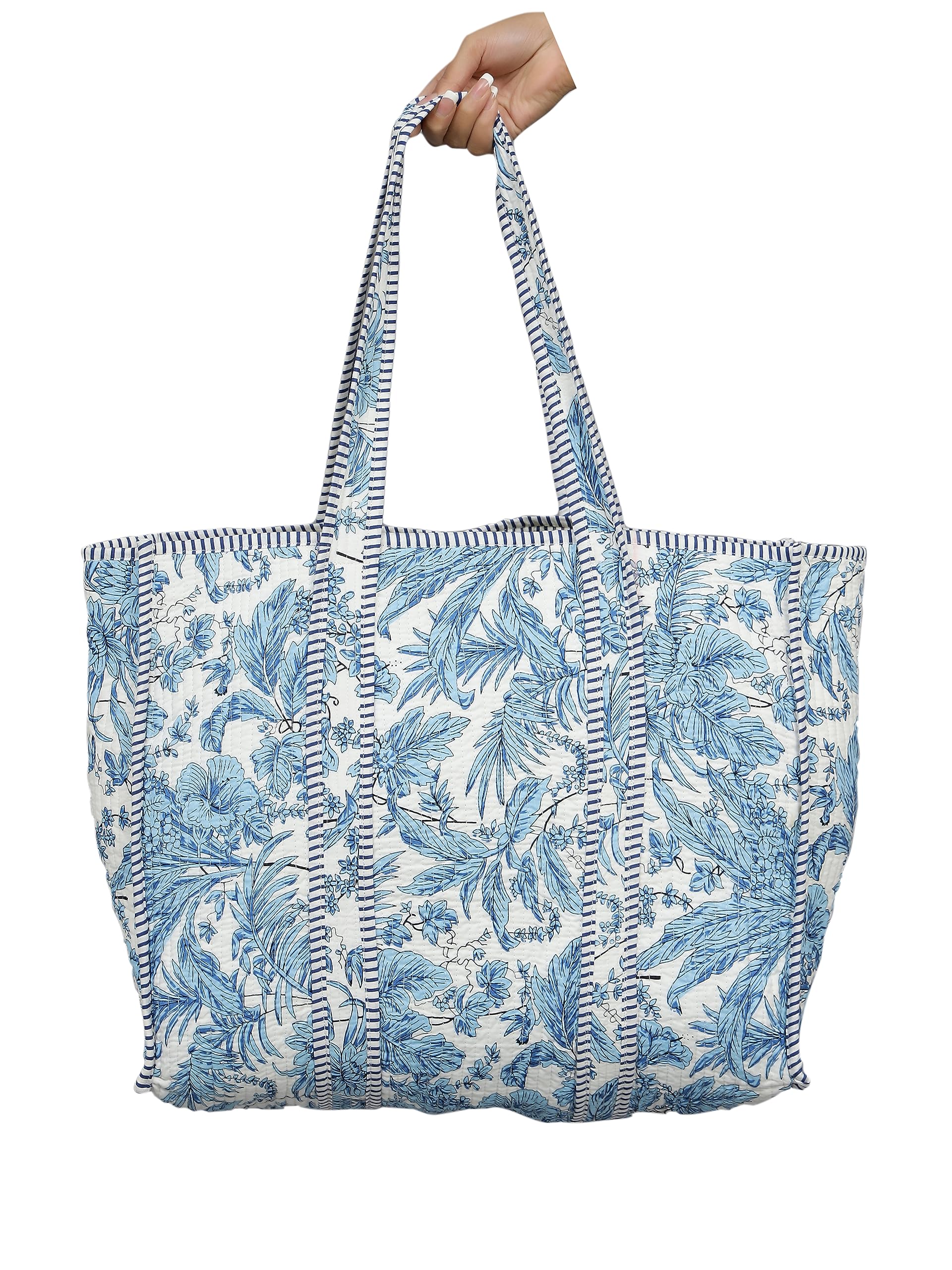 Ravaiyaa - Attitude is everything Women & Man Beautiful Printed Cotton Grocery Shopping Bag | Shoulder Bag | Cotton Tote Bag | Travel Tote Bags 18x5.5x16 Inch (Blue Leaf)